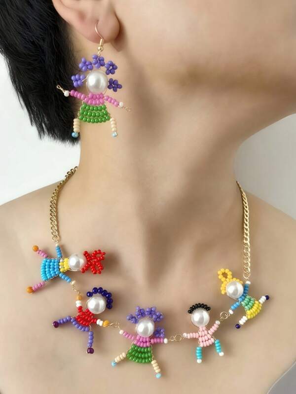blingbling warmth 1 pieza Collar con cuentas hecho a mano de manera creativa y de moda con diseño de personaje de caricatura 3D, 1 pieza de aretes a juego, se pueden usar juntos como un conjunto, para mujer