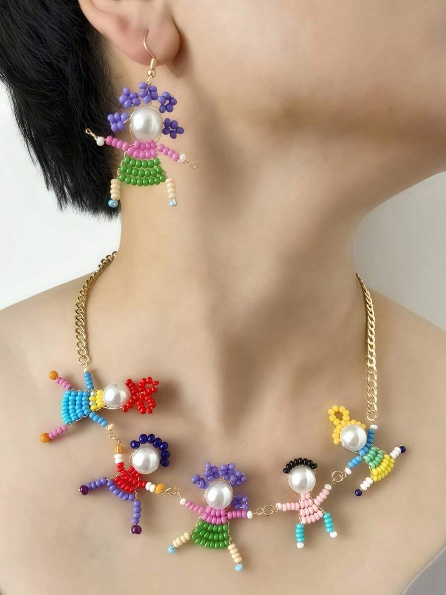 blingbling warmth 1 chiếc vòng cổ nhân vật hoạt hình 3D đính hạt thủ công sáng tạo và thời trang, 1 đôi hoa tai phù hợp, có thể đeo cùng nhau như một bộ, dành cho phụ nữ