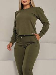 MAYSA Women's Set Sweatshirt 2 Pieces Pants And Long Sleeve Crop Top WINTER - xanh quân đội - Xem 4