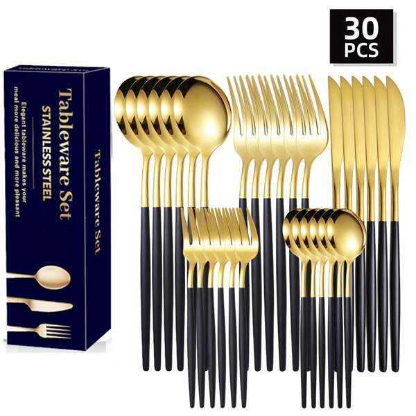 30pcs Portuguese Stainless Steel Tableware Set, Mirror Polished, High-Quality Stainless Steel Tableware Set, Dishwasher Safe, Suitable For Family Gatherings, Hotels, Cafes, Catering, Event Hosting, Weddings, Banquets, Birthday Gifts,School Supplies