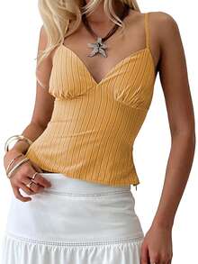 Women's Summer Cami Tops Sleeveless Deep V Neckline Stripes Print Camisole Tank Tops - Yellow - View 7