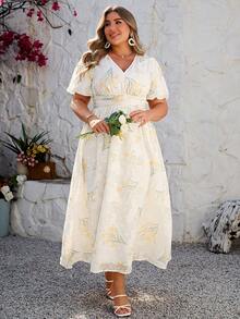 Simplee Đầm dài tay ngắn cổ chữ V bồng bềnh kiểu dáng mới mùa xuân/hè dành cho nữ, chất liệu vải in hoa, thích hợp cho kỳ nghỉ, hẹn hò, tiệc ngoài trời, kiểu dáng thanh lịch. - Màu be - Xem 3