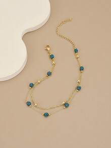 1pc Double Layer Sparkling Blue Rhinestone Beaded Stainless Steel Anklet/Bracelet For Women (Handmade Chain, Bead Quantity May Vary, Actual Length Prevails) - Yellow Gold - View 2