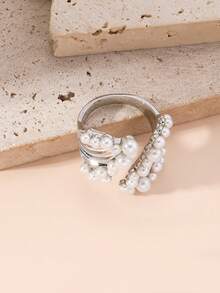 鑽石和人造珍珠裝飾戒指 - 金黃色 - 查看 5