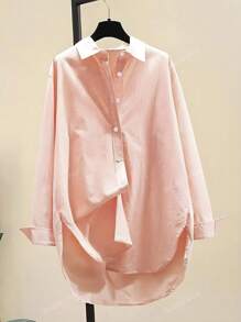 Women's Casual Loose Button-Up Color Block Front Short Back Long Shirt For Daily Commute, Spring/Autumn