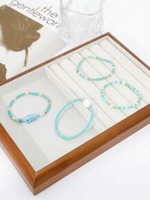 4 Bohemian Tropical Ocean Shell Small Fish Decorations Handmade Blue Beads Bracelet Women's Beach Vacation Party Jewelry