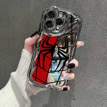 A Phone Case Designed With A Double Spider Web Pattern In Red And White, Crafted From Electroplated Cream Material. It Fits Models 16, 15, 14, 13, 12, And 11 Pro Max, Along With 16 And 15 Plus. This Adorable And Fashionable Case Is Robust And Shockproof. - White - View 4