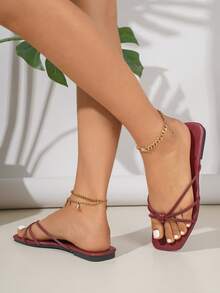 Sandalias con tira de cristal para adolescentes, Sandalias de moda para mujeres, Pantuflas planas francesas respirables con puntera abierta para uso al aire libre - Rojo violeta - Ver 3