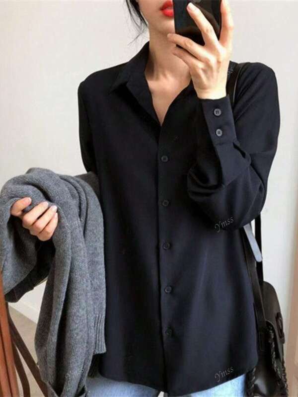 Fashionable High-End Quality Black Lapel Long Sleeve Satin Shirt For Women, Chic Luxurious Youthful Button-Down Shirt, Suitable For Spring & Autumn, Single Party