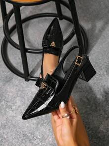 Damskie czółenka na grubym obcasie z metalową klamrą w kształcie głowy tygrysa, z odsłoniętym obcasem i paskiem z tyłu, wsuwane, wygodne i uniwersalne, na wysokim obcasie, czarne - Czarne - Zobacz 1