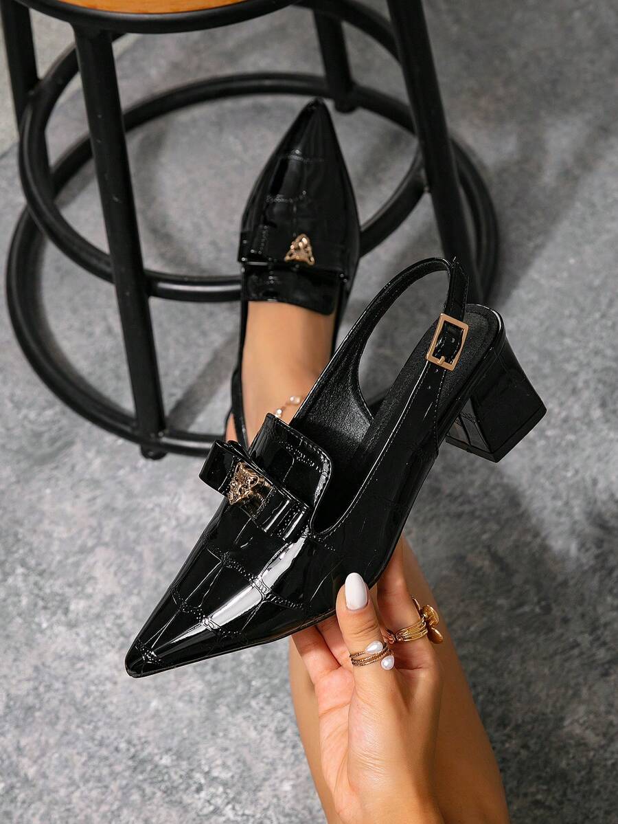 Damskie czółenka na grubym obcasie z metalową klamrą w kształcie głowy tygrysa, z odsłoniętym obcasem i paskiem z tyłu, wsuwane, wygodne i uniwersalne, na wysokim obcasie, czarne - Czarne - Zobacz 1