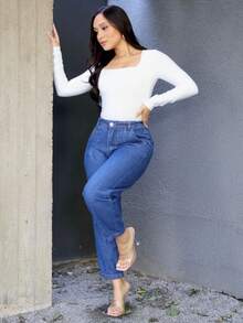 Women's Mom Jeans With Elastic Back Elegant Fashion - 深色水洗藍 - 查看 5
