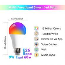 ​​2/4/6 Pack A19 LED Bulb Smart Bulb, E26 Base, 9W 800LM, 2700K-6500K White +RGB Color Changing, APP Control & Music Sync, DIY Scene Modes For Room Decoration Indoor Lighting, Ideal For Living Room, Bedroom, Study,Dorm, ,Weddings, Holidays​. - White+RGB - 查看 2