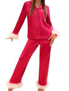 Conjunto de 2 piezas para mujer, con mangas largas, solapa, puños de felpa, camisa y pantalones, ropa de dormir - Rosa Fucsia - Ver 4