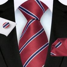 3-Piece Set: 8cm Necktie, Pocket Square & Cufflinks, Plaid Striped Geometric Pattern, High-Quality Classic & Fashion Business/Casual Necktie Set, Men's Wedding/Holiday/Party Gift