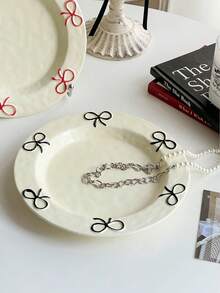 1pc Ins Style Cute Bow Ceramic Plate, Household Bow Design Tableware Ceramic Plate, Shallow Dish, Dessert & Fruit Plate, Breakfast Plate For Single Use - Multicolor - View 3