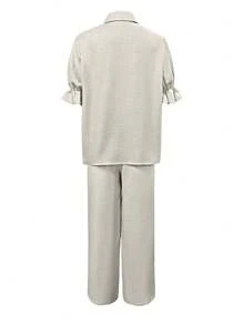 Damen Große Größen 2-teiliges Set, Oberteil mit Puffärmeln und lange Hose, geeignet für Frühling, Sommer, Herbst