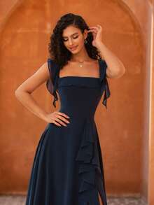 MOEVIO Women's Elegant Off-Shoulder Ruffle Sleeve A-Line Slit Thigh Bridesmaid Wedding Guest Formal Evening Gown, Suitable For Prom, Graduation, Holiday, Birthday Party, Autumn - Navy Blue - View 9