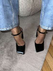 Mule Heel Sandals For Women Ankle Strap Square Toe Heels Elegant Summer Slingback Chunky Heels - 黑色 - 查看 2