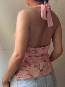 Womens Tank Tops Casual Fashion V Neck Halter Tie Sequin Sparkle Summer Slim Fit Camisole Sleeveless Cami Top - 粉色 - 查看 5