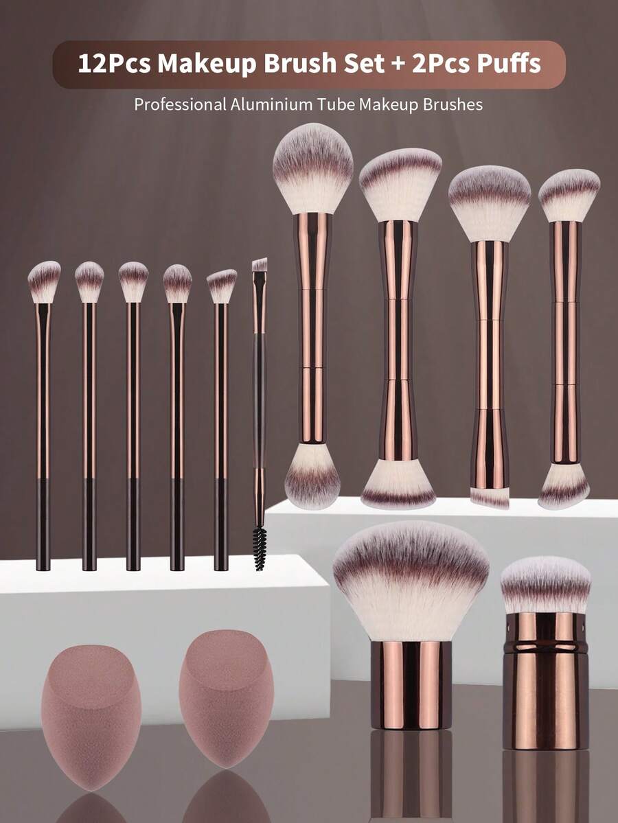 14pcs Makeup Brush And Sponge Set, Includes 12pcs Makeup Brushes With 4pcs Double-Headed Multi-Purpose Brushes, Made Of High-Quality Synthetic Fibers Covering Powder Brush, Foundation Brush, Blending Brush, Powder Brush, Blush Brush, Concealer Brush, And Eye Shadow Brush, Suitable For All Skin Types And Users. Also Includes 2pcs Makeup Sponges.,Brush Set,Makeup Brush Kit,Make Up Brush Set,Make Up Set Complete,Makeup Brush Set,Complete Makeup Kit,Brush Kit,Brushes Makeup Set,Makeup Gift Set,Set - Brown - View 1