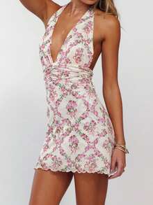 Womens Boho Floral Print Halter Neck Bodycon Dress Summer V Neck Sleeveless Backless Ruched Party Mini Dress Beach Vacation Sundress - trắng - Xem 3