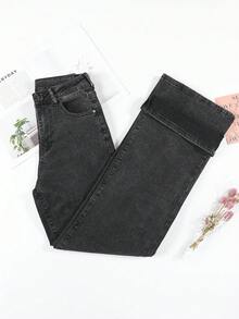 HIMARRI Pantalón Negro De Mezclilla Elástica Con Corte Flare Recto, Tiro Alto Y Efecto Push-Up Realza Glúteos Perfecto Para Resaltar Tu Silueta - Negro - Ver 1