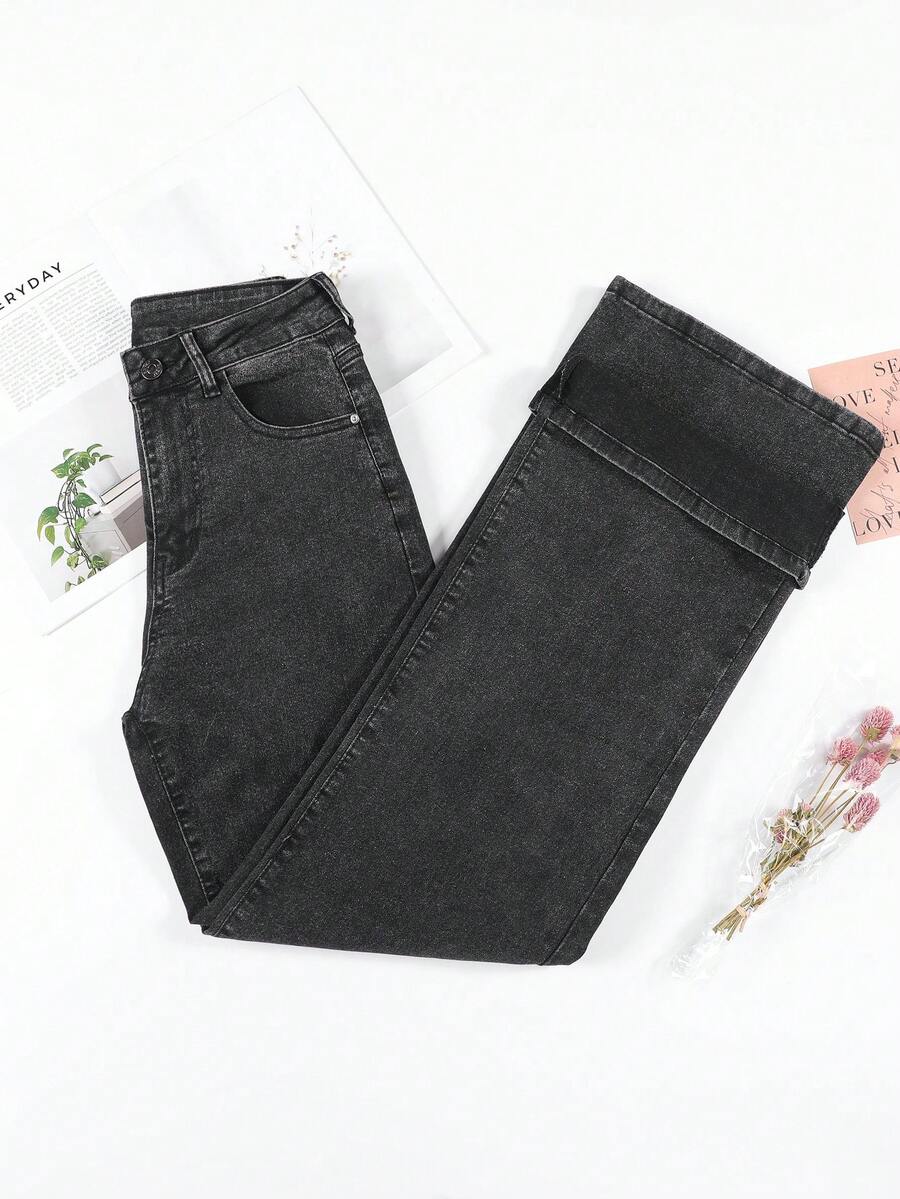 HIMARRI Pantalón Negro De Mezclilla Elástica Con Corte Flare Recto, Tiro Alto Y Efecto Push-Up Realza Glúteos Perfecto Para Resaltar Tu Silueta - Negro - Ver 1