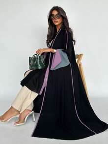 1 件时尚简约撞色袖饰女士纯色中东风格长裙优雅开衫长款阿巴亚连衣裙，适合日常和节日场合 - 紫色 - 查看 3