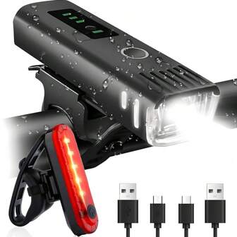 Set di luci per bicicletta ricaricabili USB super luminose, con faro anteriore e luce posteriore, 4 modalità di luce, impermeabili, adatte per biciclette da montagna e su strada per pedalare di notte
