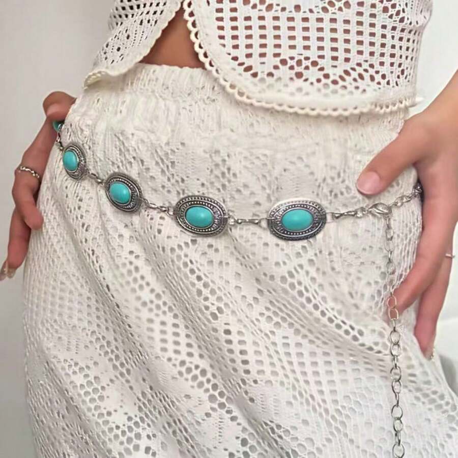 Women's Metal Chain Belt With Turquoise Oval Waistband - Silver - View 1