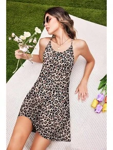 Women's Racerback Sleeveless Nightgown, Sleepwear - Brown Leopard - View 3
