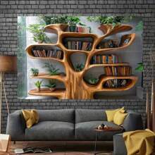 2D 1pc Tree-Shaped Bookshelf With Green Plants & String Lights – Rustic Fall Or Christmas Decor, Perfect For Cozy Reading Nooks, Party Backdrops, And Photography Props, Multiple Sizes Available, Book Deco