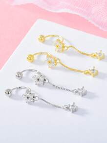 FOREVER QUEEN 1 PIEZA Anillo de ombligo de plata de ley 925 con borlas redondas, con colgante de flor y circonita cúbica, para perforación corporal