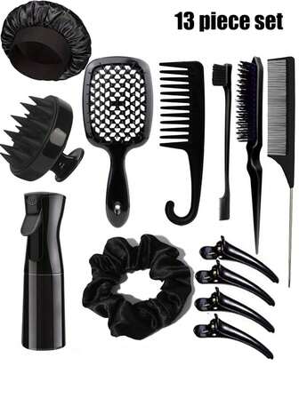 SHEIN X Milania 15 Piece Hair Styling Brush, 1/12/13 Piece Hair Combs, Pointed Tail Combs, Rat Tail Combs, Edge Brushes, Hair Brushes, High-Pressure Spray, Hairpins, Hair Rings, Wide Tooth Combs, Bath Caps, Hair Braiders, Suitable For All Kinds Of Hair Styles,Back To School,Travel Holiday Essentials,Hair Accessories For Women