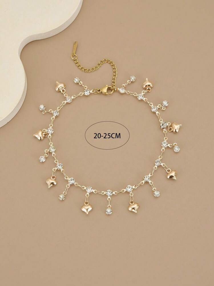 1 chiếc vòng tay xích chân bãi biển bằng thép không gỉ hình trái tim pha lê lấp lánh dành cho nữ (Làm thủ công, có một chút thay đổi về số lượng trái tim pha lê, vui lòng tham khảo kích thước thực tế) - Vàng - Xem 3