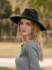 1pc New Fashion Wide Brim Hat, Flat Top Felt Fedora Hat For Women, Autumn/Winter Top Hat