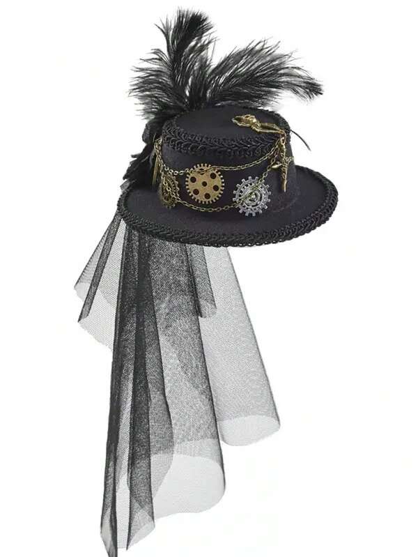 Lolita Lace Feather Gothic Steampunk Gear Chain Headpiece, Performance Prop