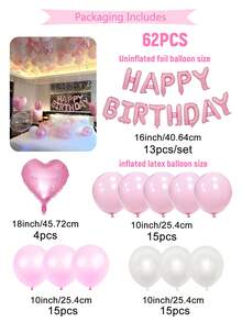 62 件粉色女士生日派对装饰品 | 生日快乐横幅 + 铝箔心形气球 | 加厚乳胶气球墙面装饰 | 仙女派对、成人礼物/闺蜜生日/求婚摄影背景