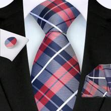 3-Piece Set: 8cm Necktie, Pocket Square & Cufflinks, Plaid Striped Geometric Pattern, High-Quality Classic & Fashion Business/Casual Necktie Set, Men's Wedding/Holiday/Party Gift