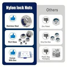 Kit surtido de 145 piezas de tuercas de seguridad con inserto de nailon métrico, Tallas de M3 a M10, acero inoxidable 304, tuercas de seguridad hexagonales de grado profesional para pernos, proyectos DIY y mantenimiento de maquinaria