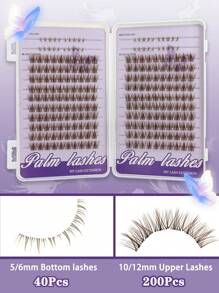PALM LASHES 240Pcs Brown Lashe 10-12mm With Bottom Lashes 5-6mm C Curl -Clear Band WideSpan Eyelash Extension Individual Fake Eyelashes Clusters With 0.05mm Ultra-Thin Invisilble Band Eyelashes Easy-Application Cluster Lashes For Women Girls
