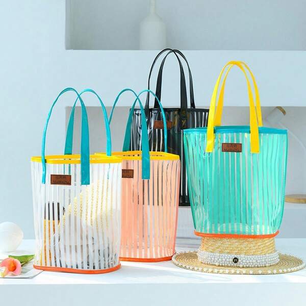 1pc Spacious Transparent Jelly Beach Bag, Waterproof Swimming Tote Hand Bag, PVC Outdoor Shopping Carry Bag For Women