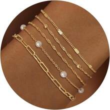 MBW Gold Bracelets Women, Dainty 14K Gold Plated Bracelet Stack Beaded Chain Bracelet Set Thin Small Cute Paperclip Bracelets Fashion Waterproof Jewelry Gold Accessories Women - 風格8 - 查看 1