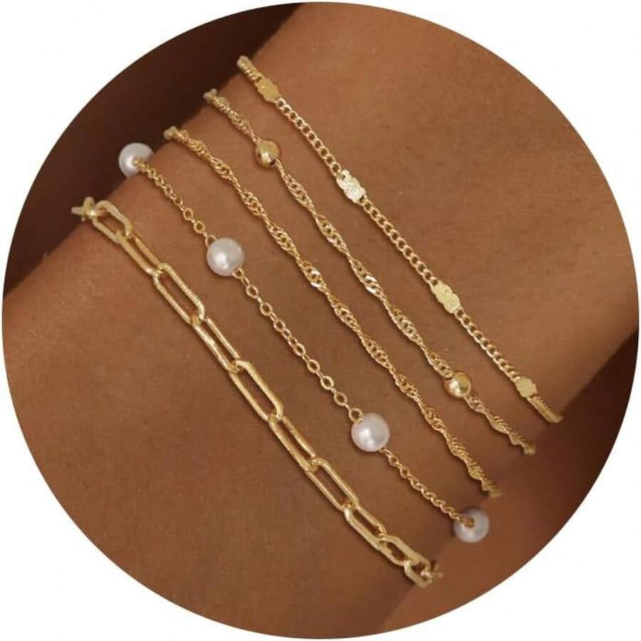 MBW Gold Bracelets Women, Dainty 14K Gold Plated Bracelet Stack Beaded Chain Bracelet Set Thin Small Cute Paperclip Bracelets Fashion Waterproof Jewelry Gold Accessories Women - 風格8 - 查看 1