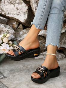 Giày sandal đế xuồng mùa hè cỡ lớn có khóa kim loại, sandal La Mã hở mũi, phụ kiện du lịch thiết yếu. - màu đen - Xem 3