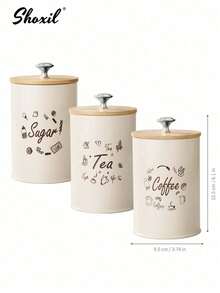shoxil 3pcs Coffee, Sugar, Tea Canister Set With Airtight Bamboo Lid, Metal Leak-Proof Jars, Space-Saving Sealed Cans, Vintage Kitchen Container For Food Storage - Coffee & Tea & Sugar - View 12