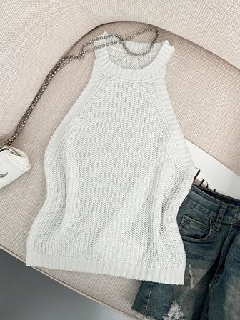 Women's Elegant Round Neck Off Shoulder Sleeveless Daily Casual Solid Color Short Knit Top Sexy Crop Tops Slim Fit Halter, Seamless Cute Top, Basics Workout Athletic Minimalana Modesty Shirts, Spring Summer Fall