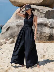 Rusttydustty 女士黑色露背宽松连体裤海边度假