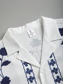 男士中国瓷器印花衬衫（带领和纽扣开合），夏季 - 藍白色 - 查看 4